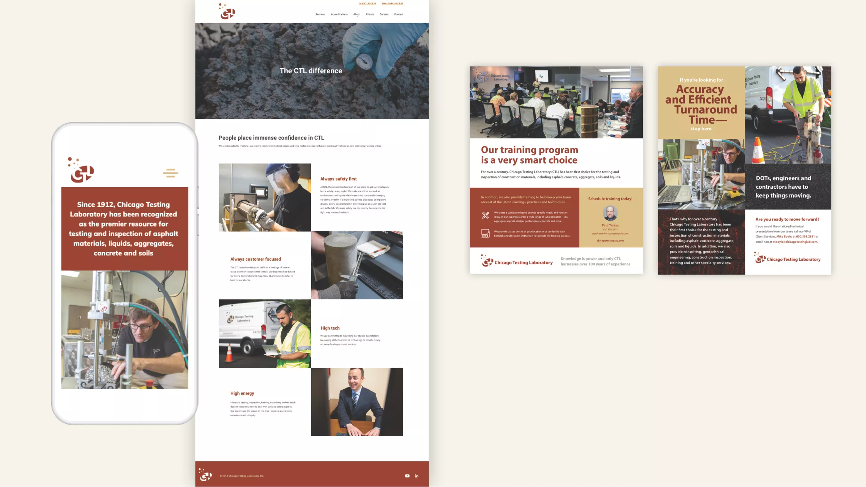 Mobile, desktop screenshots of Chicago Testing Laboratory website, two print pieces and an appreciative testimonial from the client