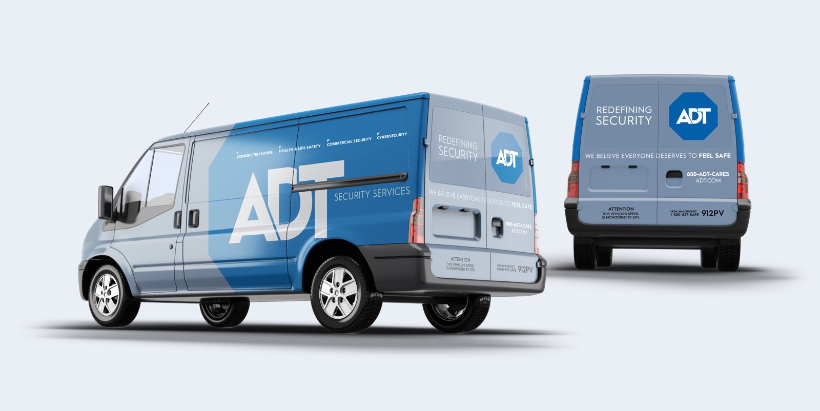 Two views of an ADT van with redesigned fleet graphics