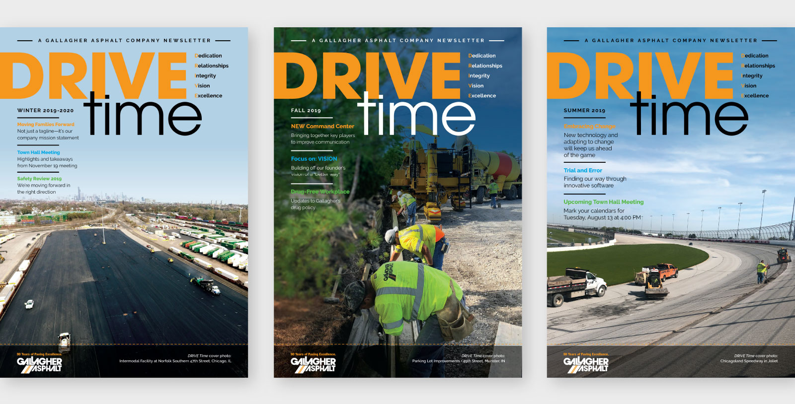 Three covers of Gallagher Asphalt's Drive Time company newsletter