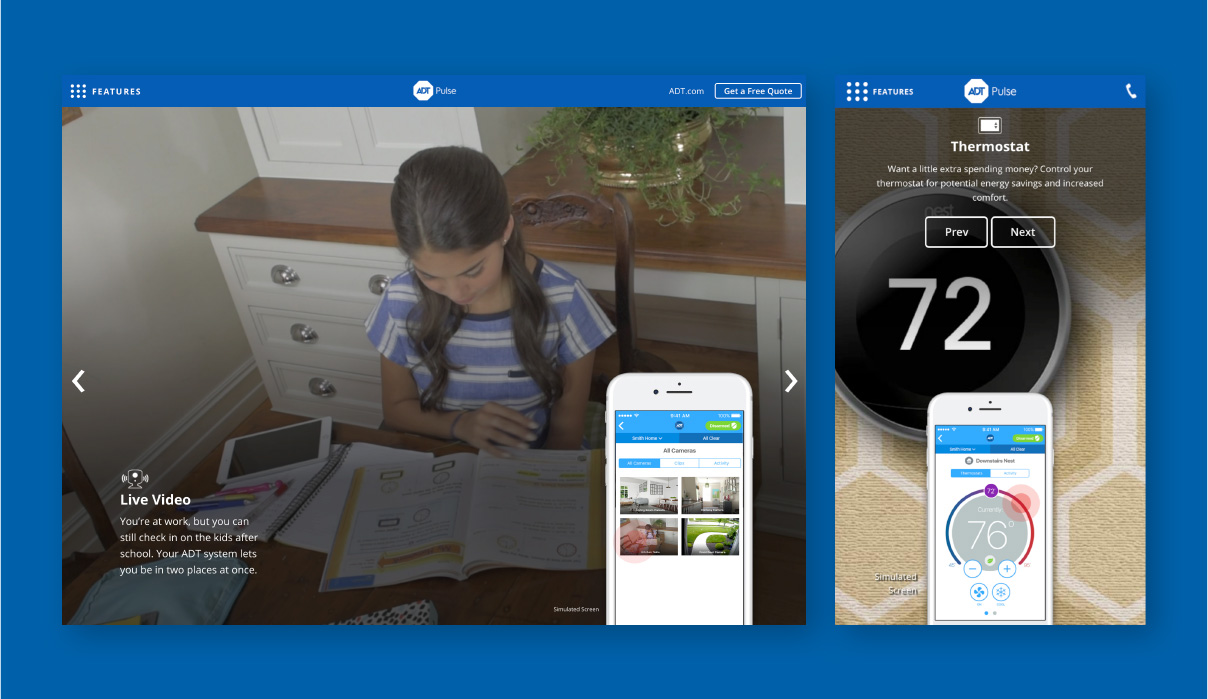 Live Video and Thermostat screens from the ADT Pulse demo