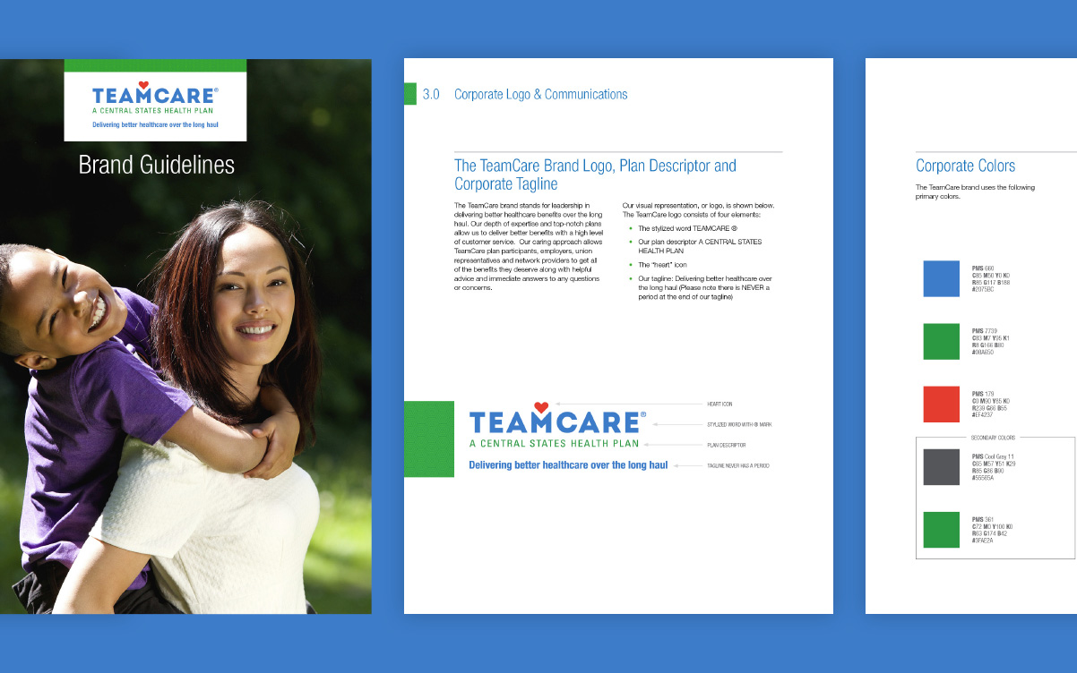TeamCare Brand Guidelines manual cover and interior pages