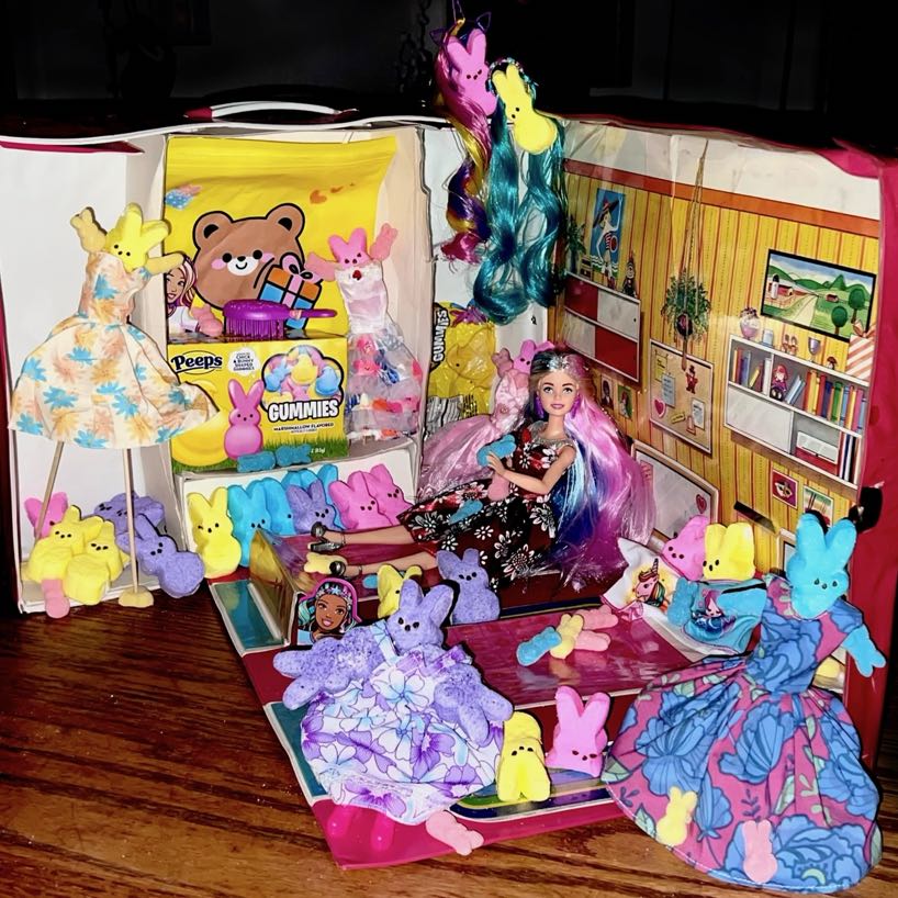 Barbie playset featuring a Barbie and Peeps sporting various sleepover gowns