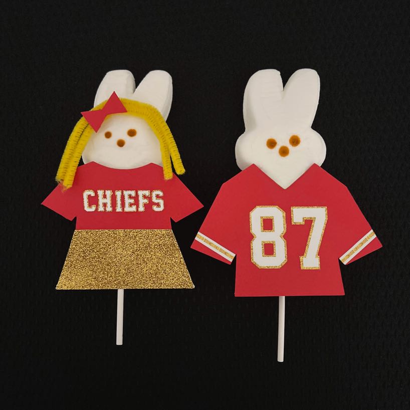 Rabbit Peeps on sticks dressed in Kansas City Chiefs outfits